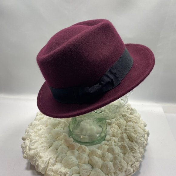 Burgundy Deep Red Wool Fedora with Black Grosgrain Ribbon Band - Picture 9 of 11